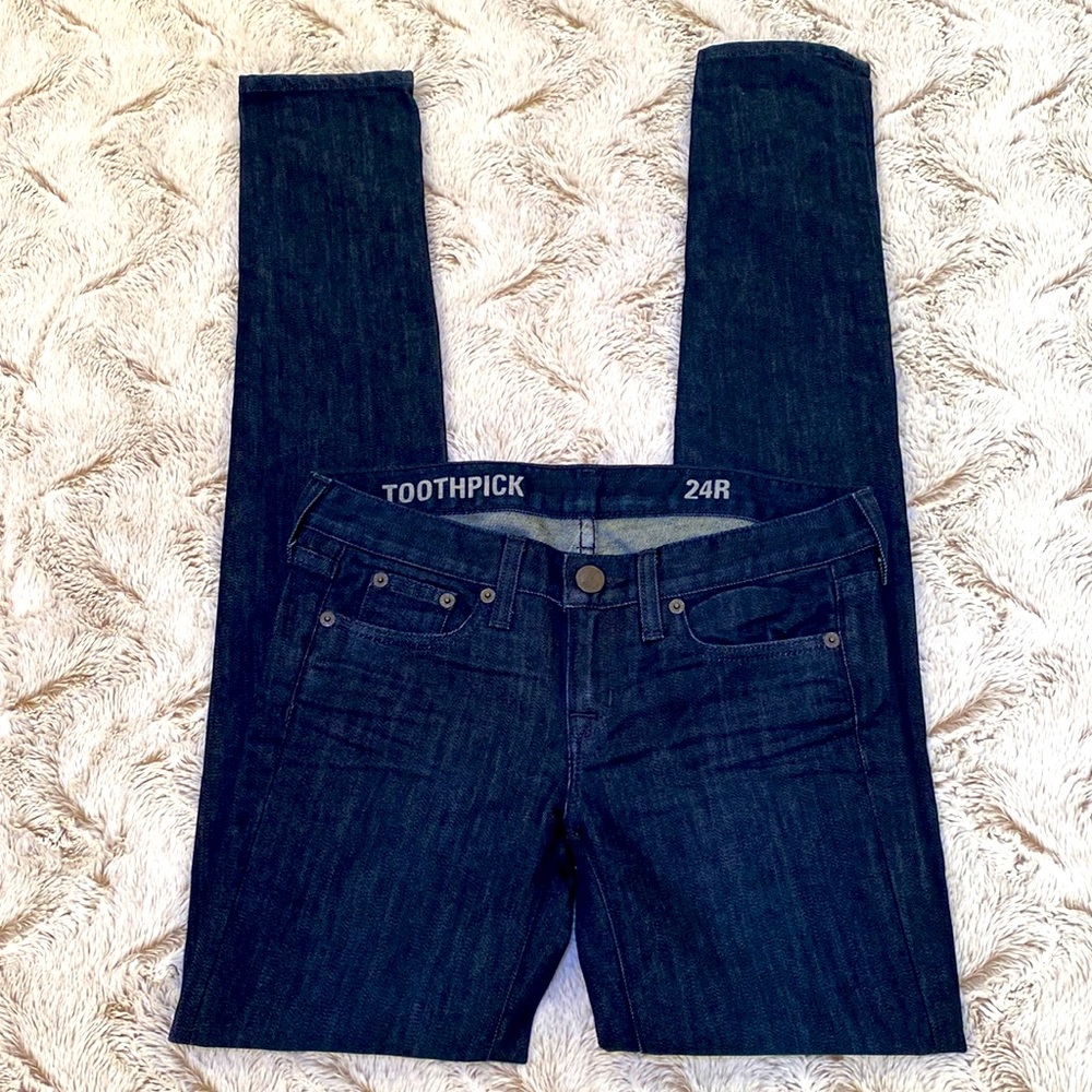 J Crew Dark Blue Toothpick Jeans.  7” rise.  33” inseam